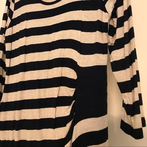 Navy blue and tan striped dress